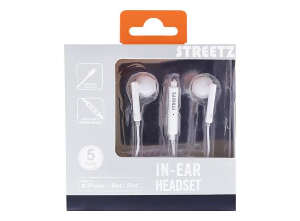 Streetz In-ear Lightning-headset MFi, volumkontroll, mikrofon, hvit