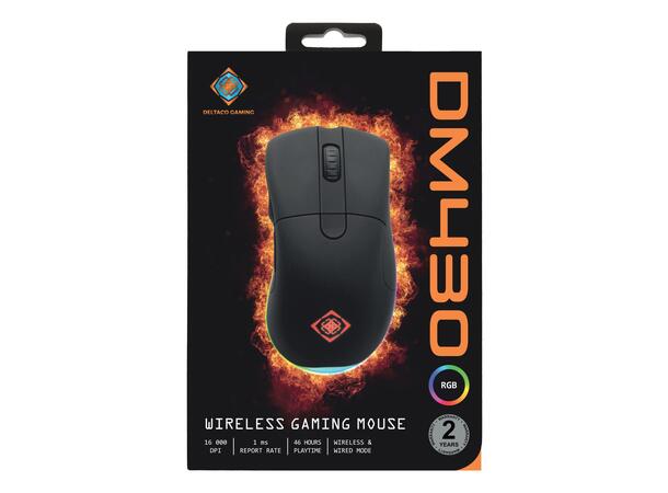 DELTACO GAMING DM430 Trådløs mus 16000 dpi, USB, 1000hz, Matt svart, RGB 