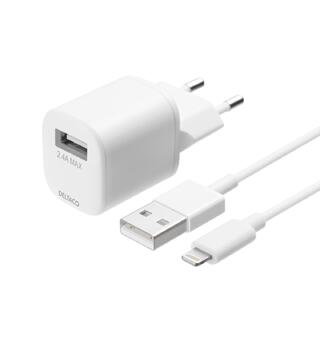 USB-A vegglader med Lightning-kabel 1 m, hvit