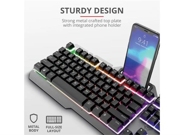 Trust GXT853 Gaming Tastatur (grå/sort) USB, RGB, 12 mediaknapper, tlf. holder