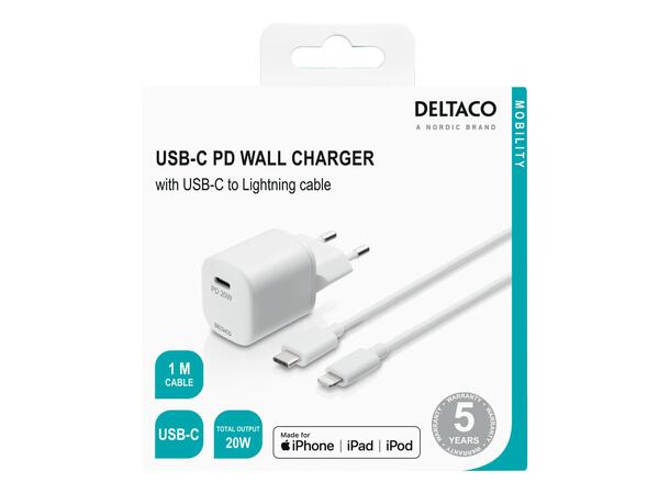 USB-C PD vegglader med Lightning-kabel 1 m, hvit 