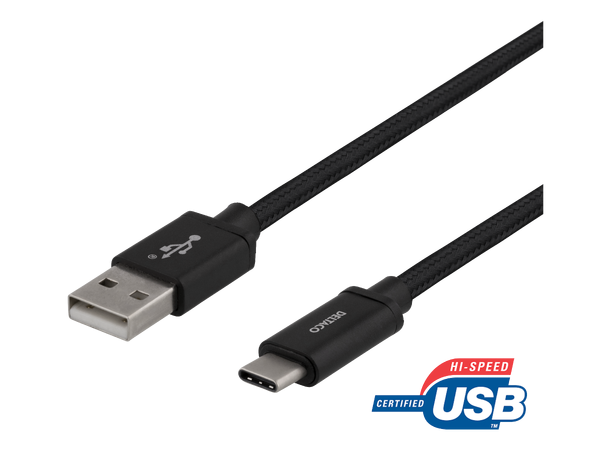 USB-A til USB-C kabel 2 meter Sort, flettet 