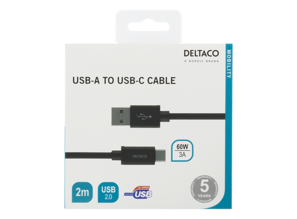 USB-A til USB-C kabel 2 meter Sort, flettet 