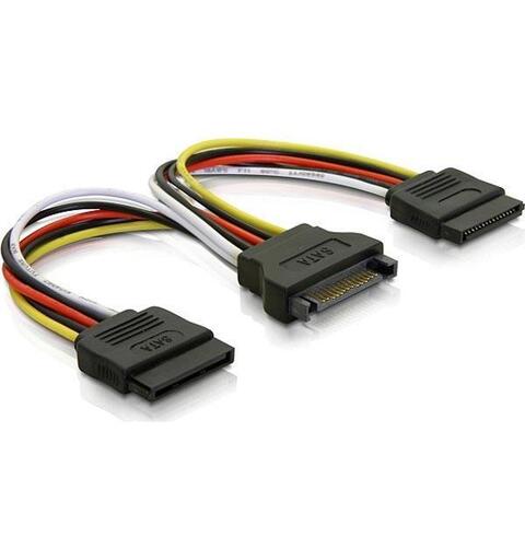 DELTACO 15-pin SATA Strøm til 2 x 15-pin 10cm, Adapter, 15-pin til 2 x 15-pin
